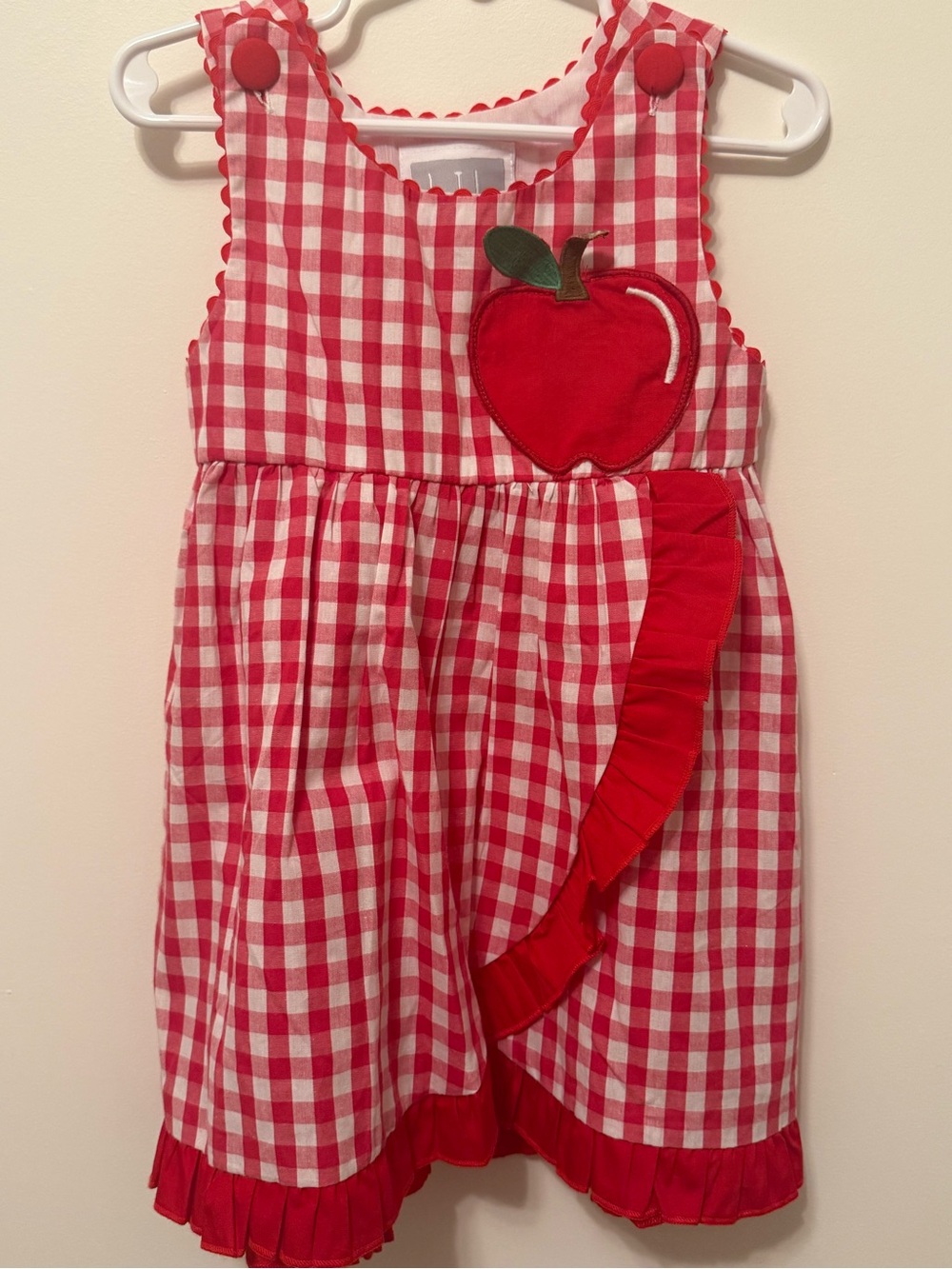 Red Gingham Apple Appliqué Girls' Jumper Dress with Ruffle